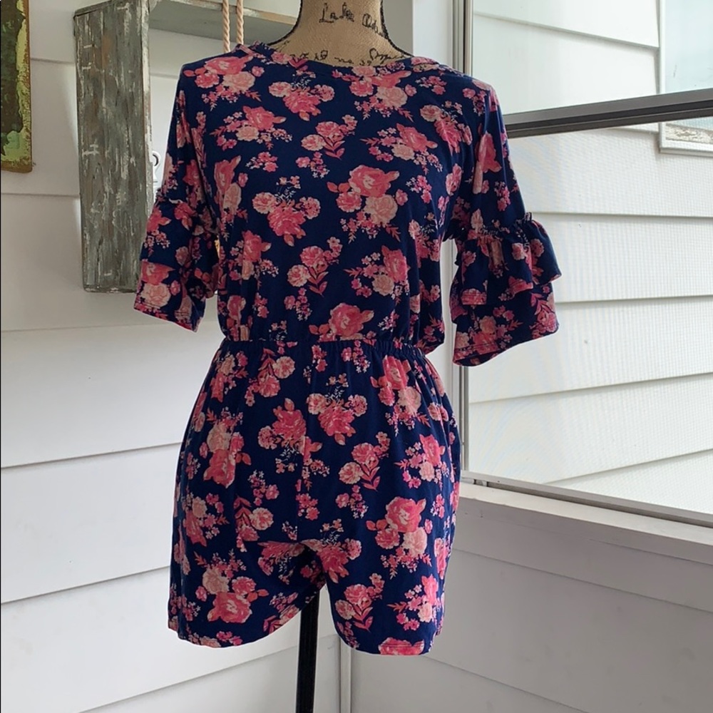 Derek heart Navy blue romper with pink flowers